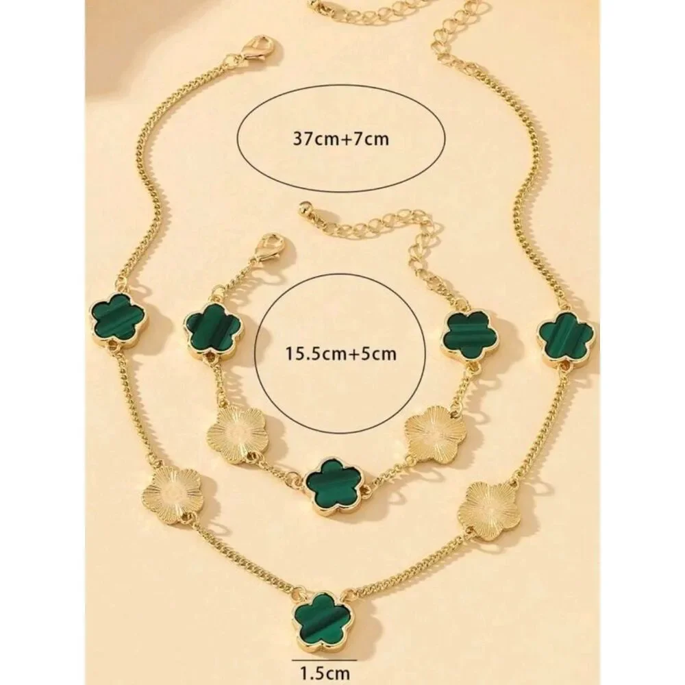 Gold & Green Quatrefoil Clover Necklace & Bracelet